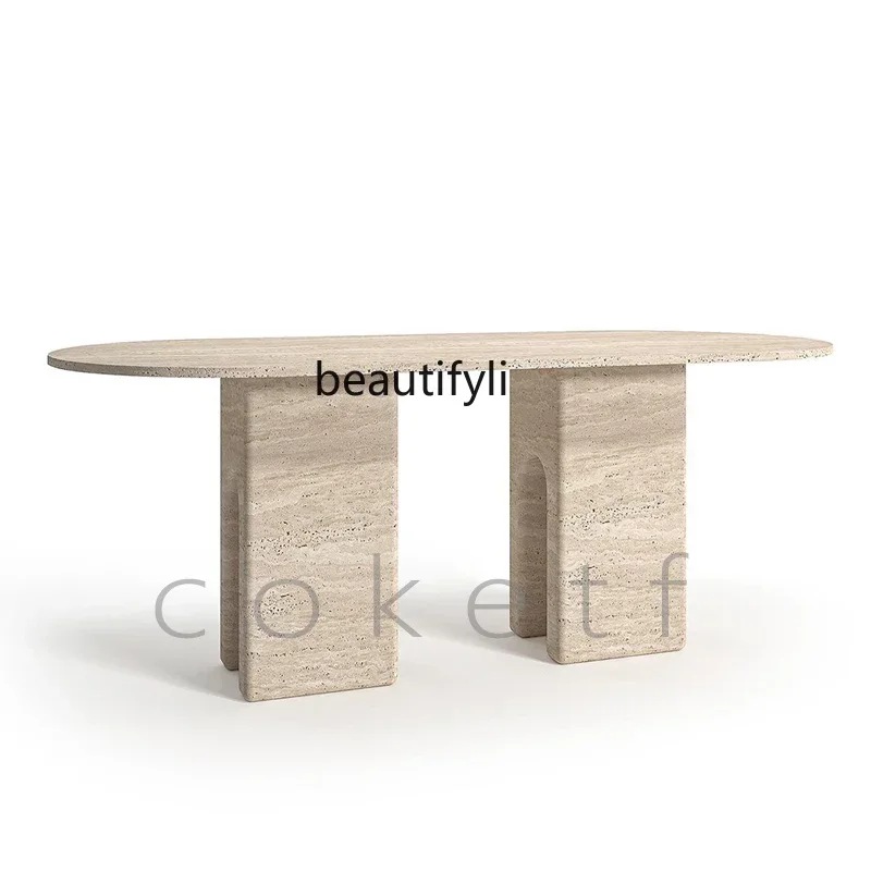 A13 French designer U-shaped foot natural Roman travertine dining table creative rectangular table