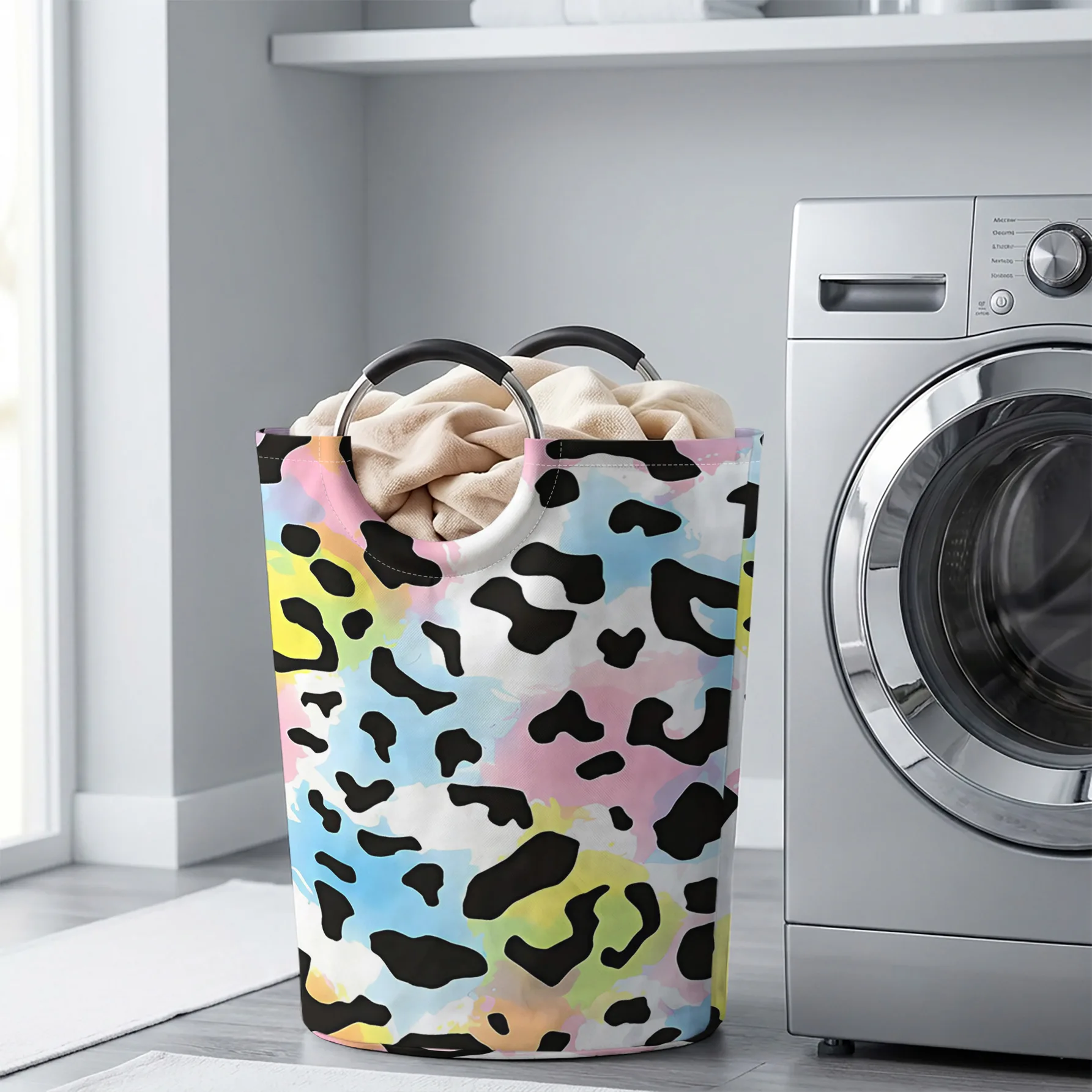 Rainbow Watercolor Leopard Print All‑Over Print Handheld Storage Basket, For Laundry, Bedroom & Home Sundries Storage