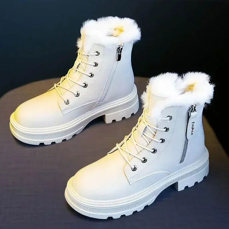 2023 Snow Boots Plush Warm Medium Boots Women\'s Black and White Winter Thickened Warm Snow Flat Shoes Zapatos Mujer Black Botas