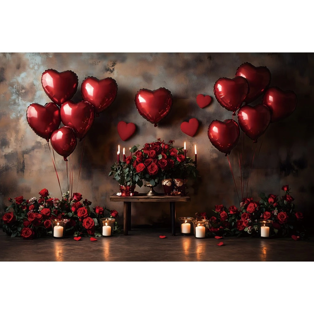 February 14 Valentine's Day Backdrop Retro Wall Red Love Heart Balloon Fireplace Candles Wedding Photography Background Decor image 5