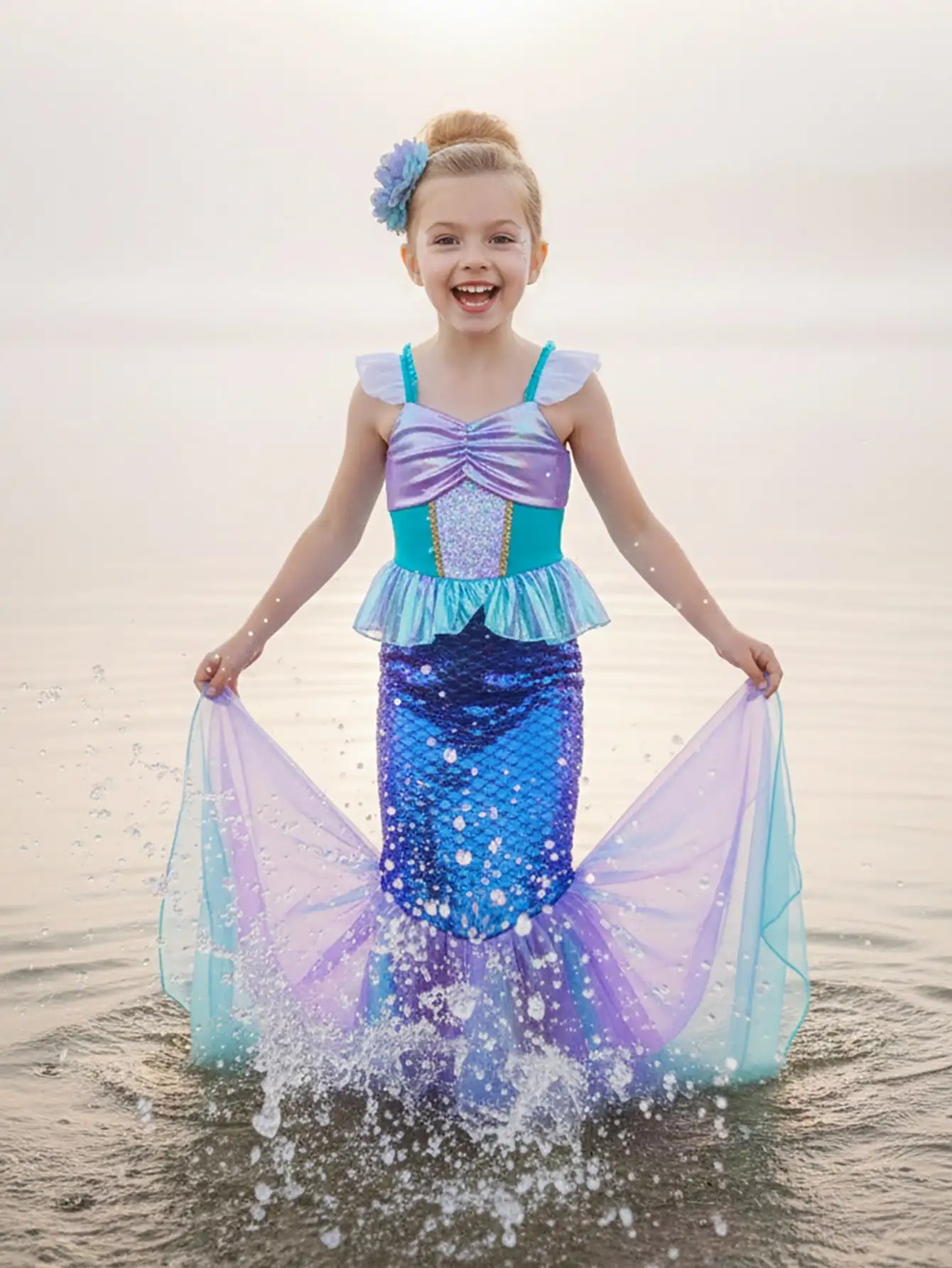 

Summer New Girls Mermaid Flying Sleeves Sequin Cosplay Dress Children's Day Halloween School Party Dress for 3 4 5 6 7 8 Years