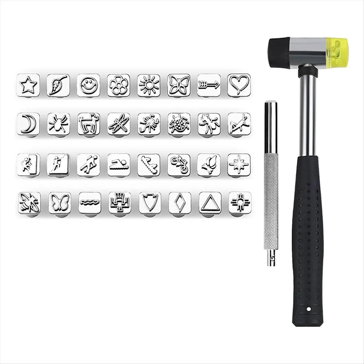 【TODAY-BUY】34 PCS Leather Stamping Tools, Leather Crafting Tools with 32PCS Different Shape, 1 Rubber Hammer, 1 Leather Punch To