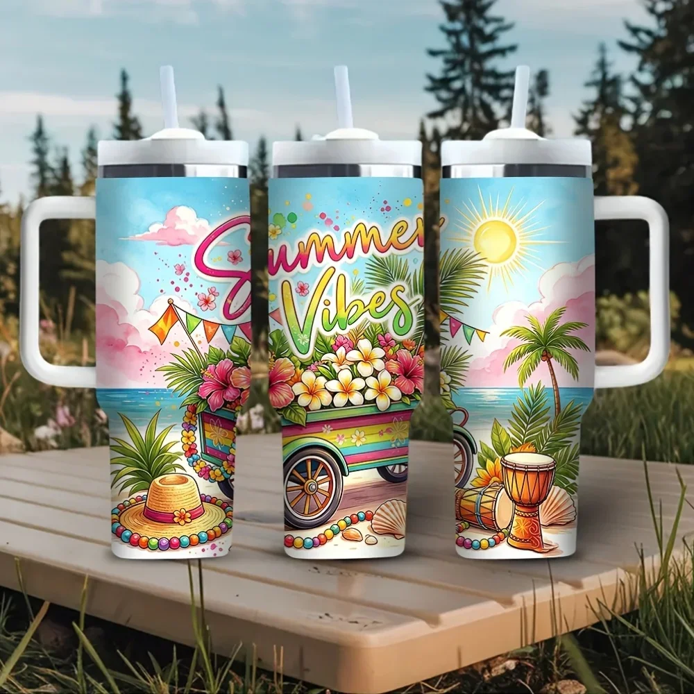 40Oz Tumbler with Handle, Summer Vibes Tropical Beach Patterned Tumbler, Suitable for All People, Fits Both Hot And Cold Drinks, Ideal for Daily Use And Outdoor Activities in Summer