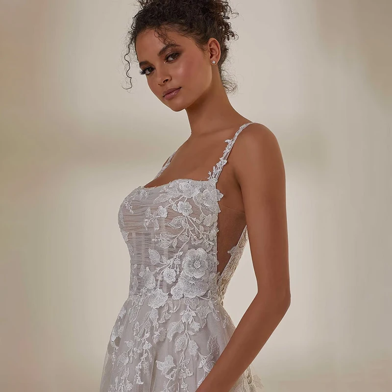 Vestido de novia largo blanco elegante y romántico para mujer con encaje de flores, sin espalda y diseño de cabestrillo vestidos de novia