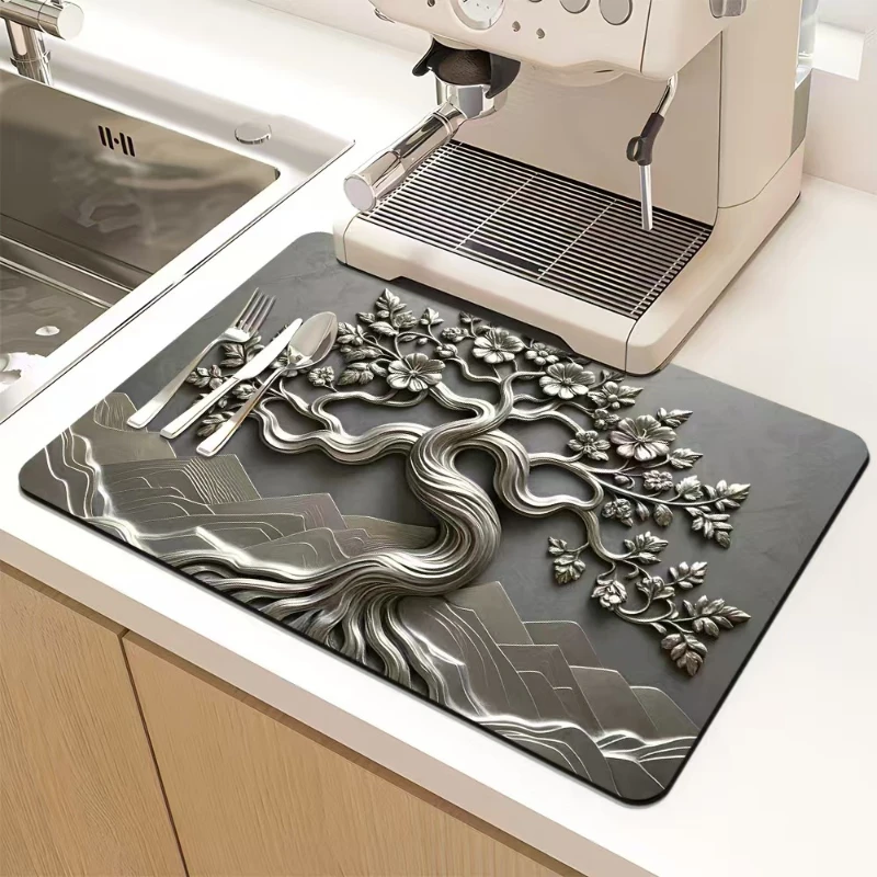 VIKAMA Kitchen Drain Mat Grey Embossed Silver Floral Mountain Pattern Non Slip Absorbent Washable Durable Easy Clean Waterproof