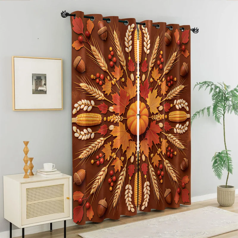 Autumn Pumpkin Maple Printed Curtains Darkening Curtains Light Blocking Rate 85% Decoration Curtains Digital Print for Room