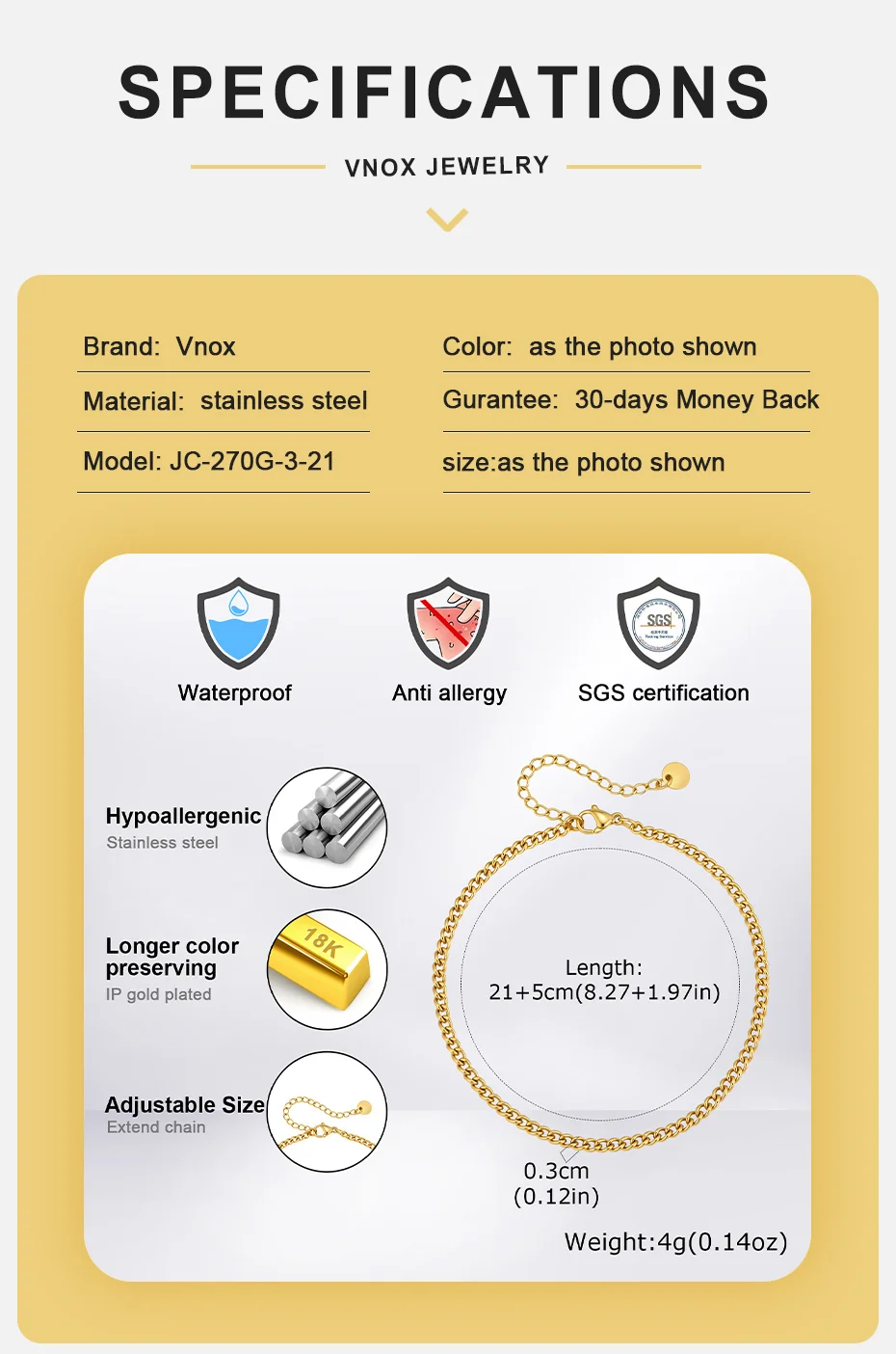 Vnox Edelstahl-Knöchelkette für Männer und Frauen, Gold- und Silberfarbenes Chunky Fußkettchen für Streetwear, 21-26cm Verstellbar – Detail 4