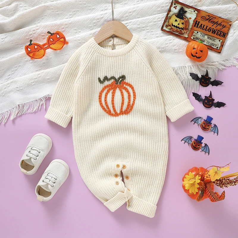 Infant Baby Rompers Long Sleeves Crew Neck Knitted Newborn Boys Girls Halloween Pumpkin Pattern Jumpsuits Outfits 0-18m Costumes