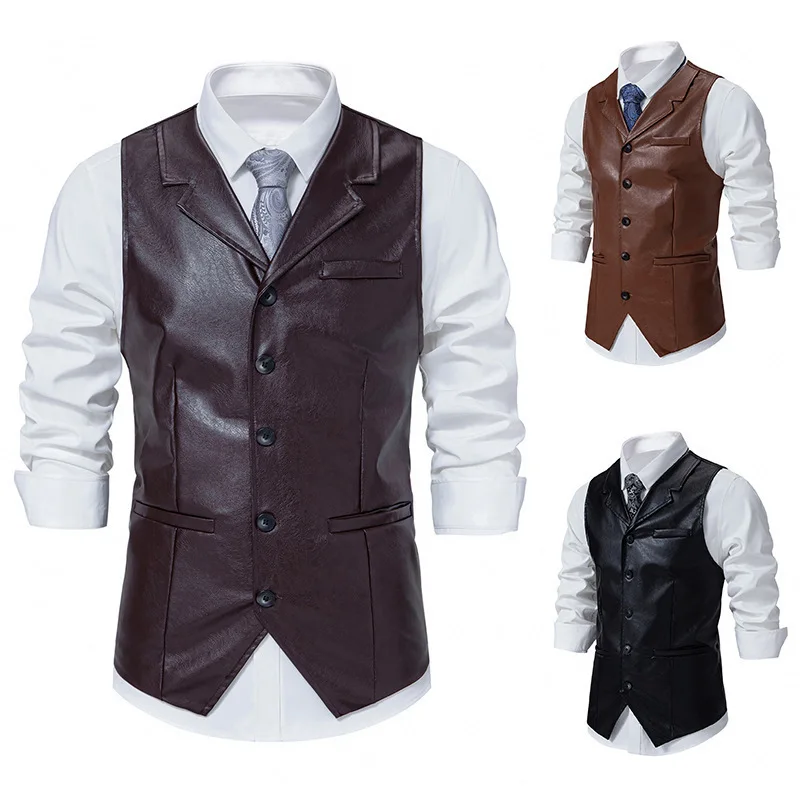 New  Men's Retro Lapel Single-breasted Locomotive Vest, Leather Vest, Sleeveless Jacket Men Clothing