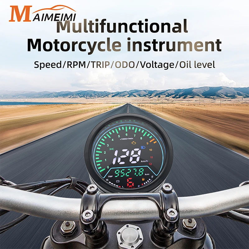 

12 В мотоциклетный спидометр, одометр, тахометр, светодиодный индикатор, круглый 12000 об/мин для Harley Honda Yamaha Suzuki Racer
