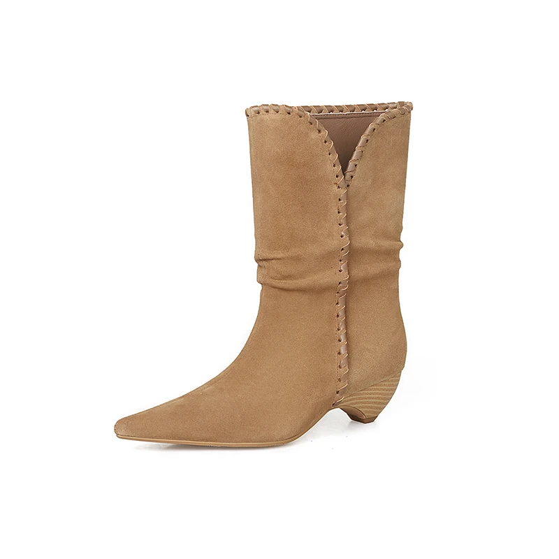

Women Western Boots New Trendy Kitten Heel Elegant Shoes Brown Apricot Genuine Leather Ankle Boots Cowgirl Cowsuede Boots