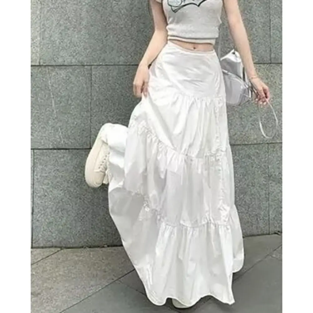 Gelaagde Lange Rokken Klassieke A-Lijn Geplooide Boho Rok Elastische Taille Witte Maxi Rok Lente