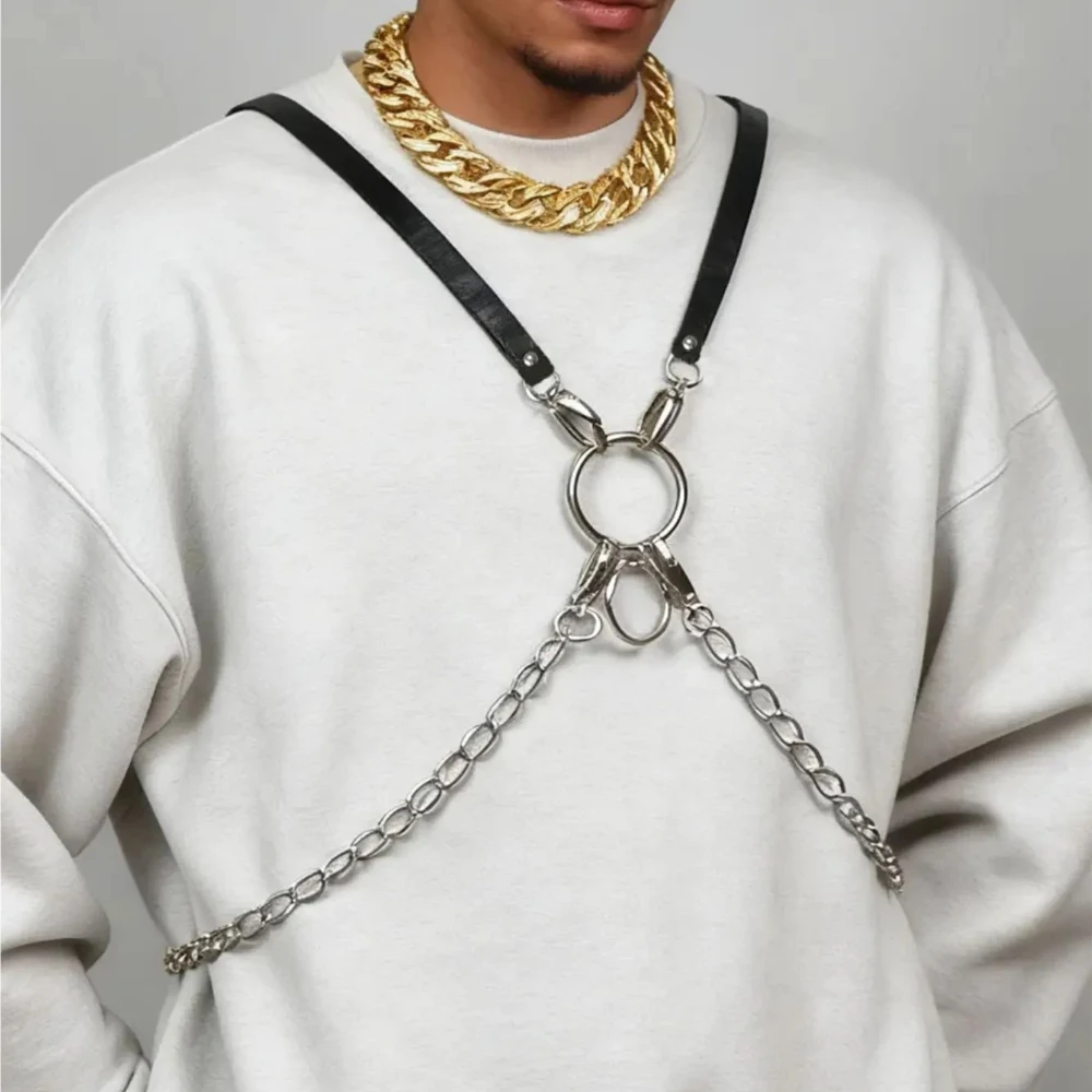 Men's Street Style Harness Belt PU Leather Punk Slant Belt Single Shoulder Belt Metal Chain Harajuku Belt