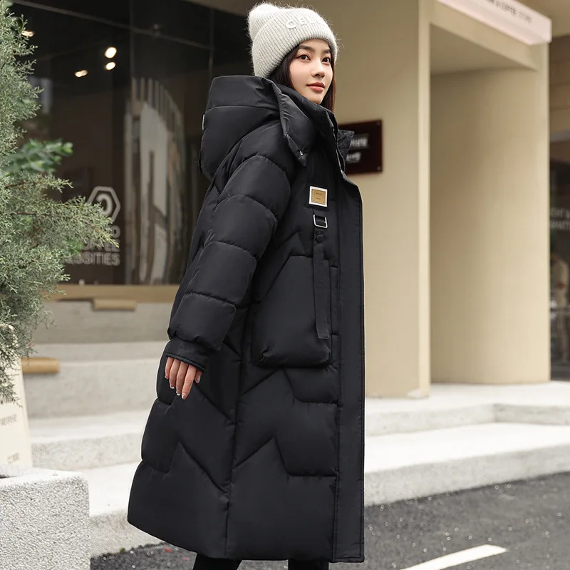 2024 Winter Parka Woman Long Jacket Hooded Thicken Loose Zipper Pockets Warm Snow Wear New Female Down Cotton Padded Coat XK530