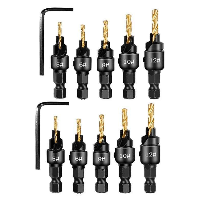 

High Quality-2 Setsx5pcs Countersunk Drill Hexagonal Handle Steel Hole Opener Set Wood Taper Hole Integrated Drill Bit,2 Setsx5p