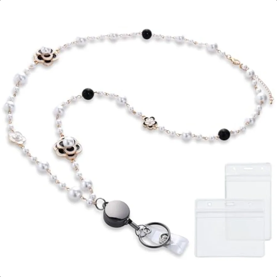 

Retractable Lanyards for ID Badges with ID Holders Fashion Jewelry Pearl Camellia Badge Lanyard Beaded Necklace Lanyards for Wo