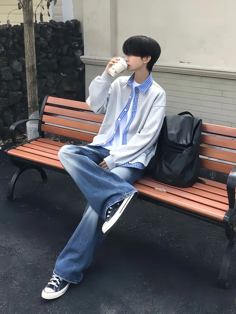 

Мужская рубашка в клетку с воротником и вставками, оверсайз, в американском университетском стиле, весенний кардиган-свитшот, верхняя одежда для пар, с длинным рукавом