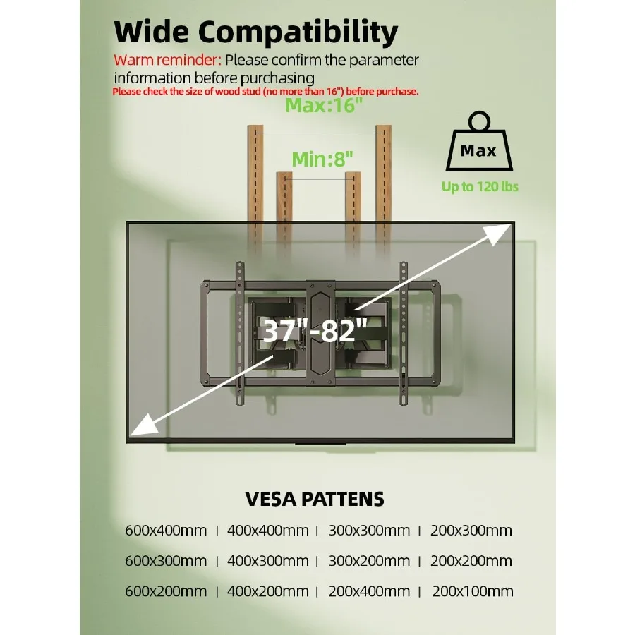 حامل تلفزيون على الحائط فائق النحافة لمعظم تلفزيونات 3782 بوصة مع تصميم مفصل للحركة الكاملة ووظيفة دوارة وإمالة