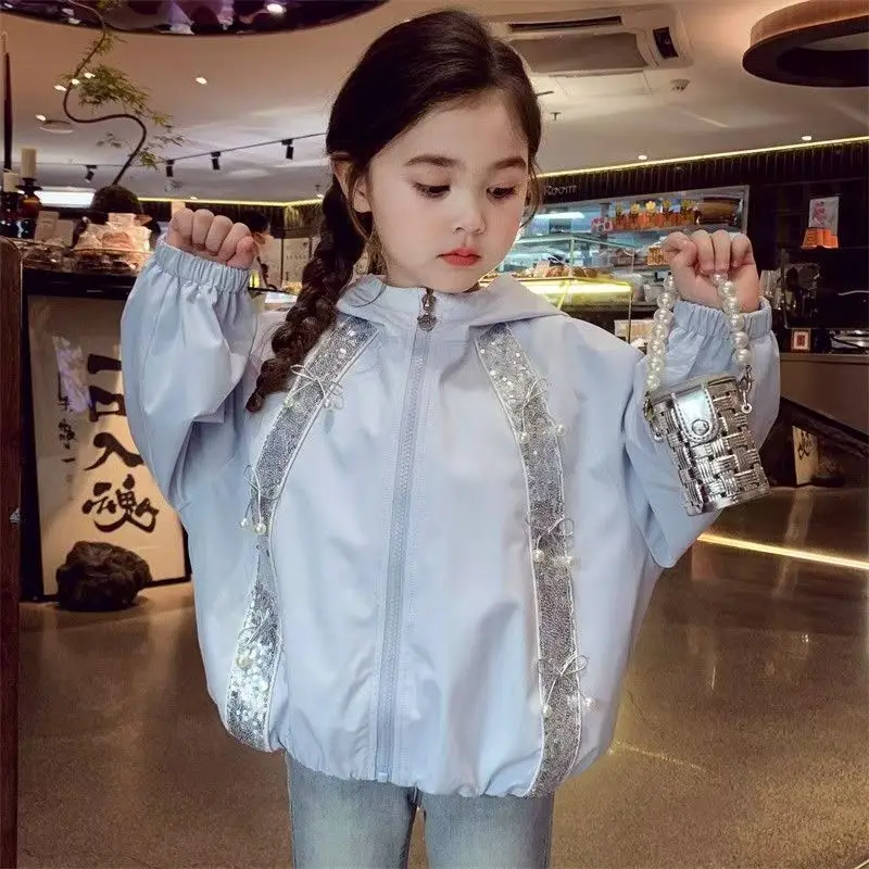 Girls' Bow Fashion Jacket 2025 Autumn New Style Children's Stylish Girls' Glitter Hooded Jacket Top 90-160CM