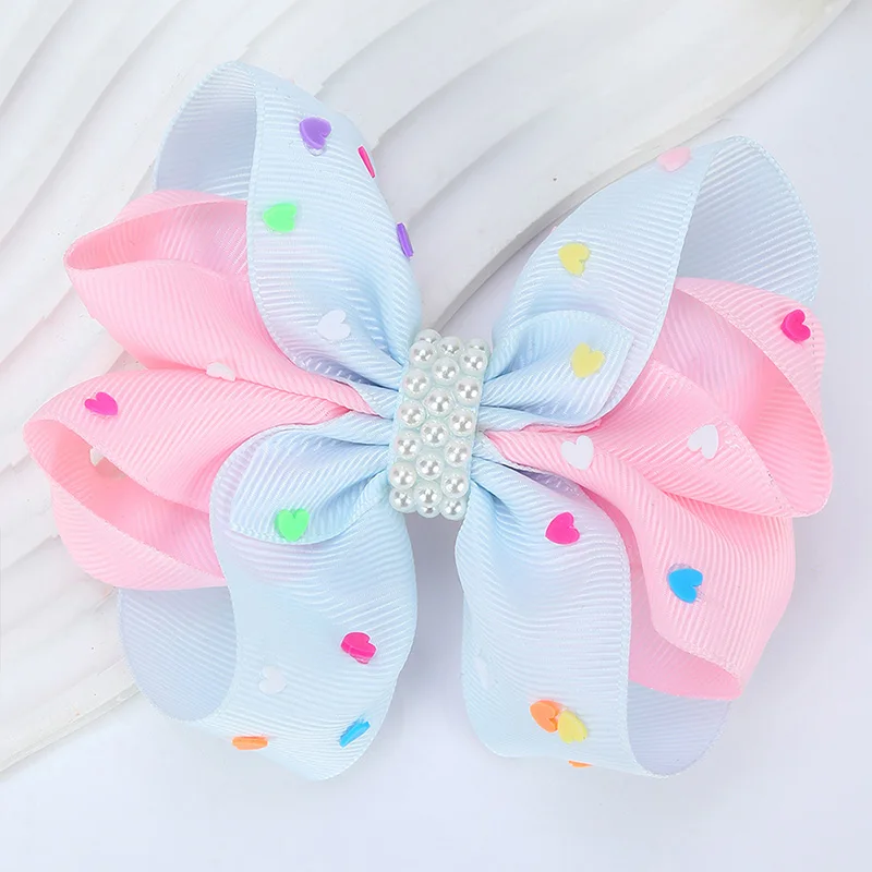 Sweet Pearl Hairpins Colorful Love Heart Hair Bows Clip For Girls Ribbon Barrettes Headwear Children Party Hair Styling Tools