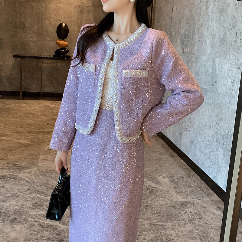 High Quality Purple Sequins Shiny Tweed 2 Piece Set Women Autumn Winter Temperament Jacket Outwer+Office Skirt Sets