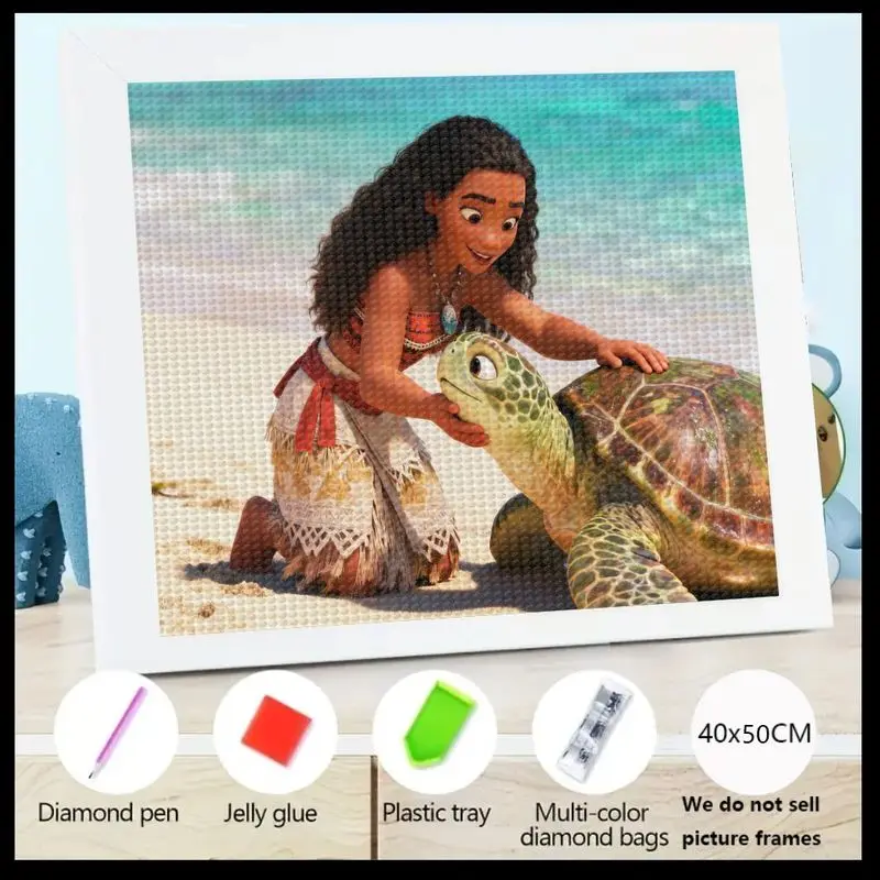 

1PC 5D DIY Full Drill Moana Princess & Sea Turtle Diamond Painting Kit, Ocean Adventure Cartoon Crystal Gem Painting Set, Rhines