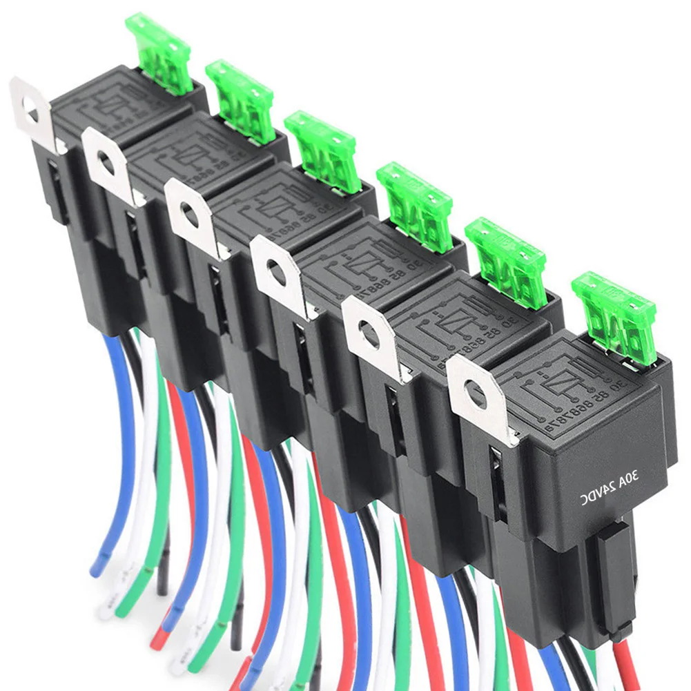 

Новый жгут переключателей, реле предохранителя 14AWG, провод 24 В постоянного тока, 4-контактный, 30 А, 6 шт., автомобильное реле, реле предохранителя SPST, автомобильные реле