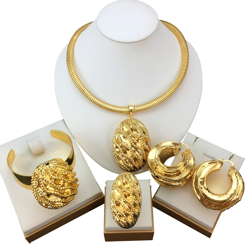 Italian Gold Plated Jewelry Set Simple Style Necklace All Copper Material Light Weight Big Pendant Jewelry FHK18986