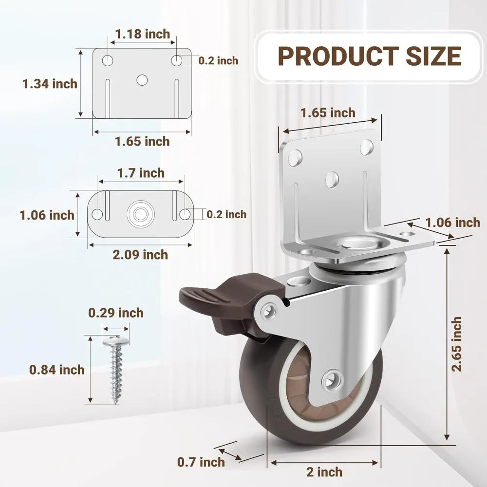2 Inch L-Shape Side Mount Casters Set of 4, 360° Swivel Rubber Wheels with Brake, 600 LBS Capacity for Furniture, Cribs, Cabinets