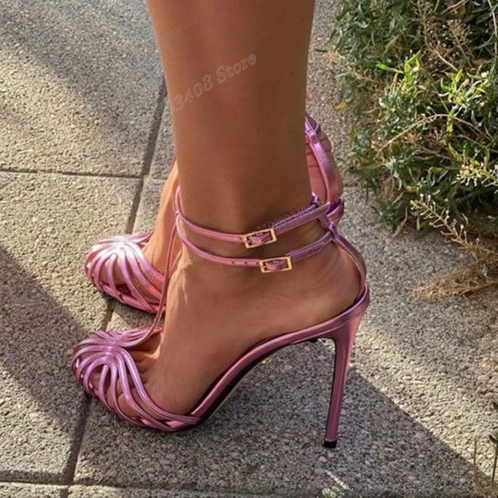 

Pink Color Leather Hollow Sandals Ankle Buckle Strap Round Toe Stiletto High Heel Women Shoes 2024 New Sexy Zapatos Para Mujere