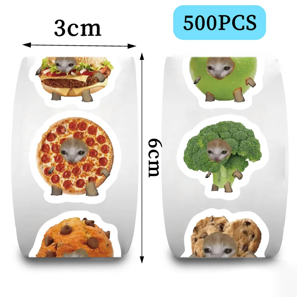 500 autocollants amusants en rouleau sur le thème des chats, des aliments et des fruits, pour tasses, élèves de maternelle, écoliers, enfants, enseignants, autocollants mignons de dessins animés