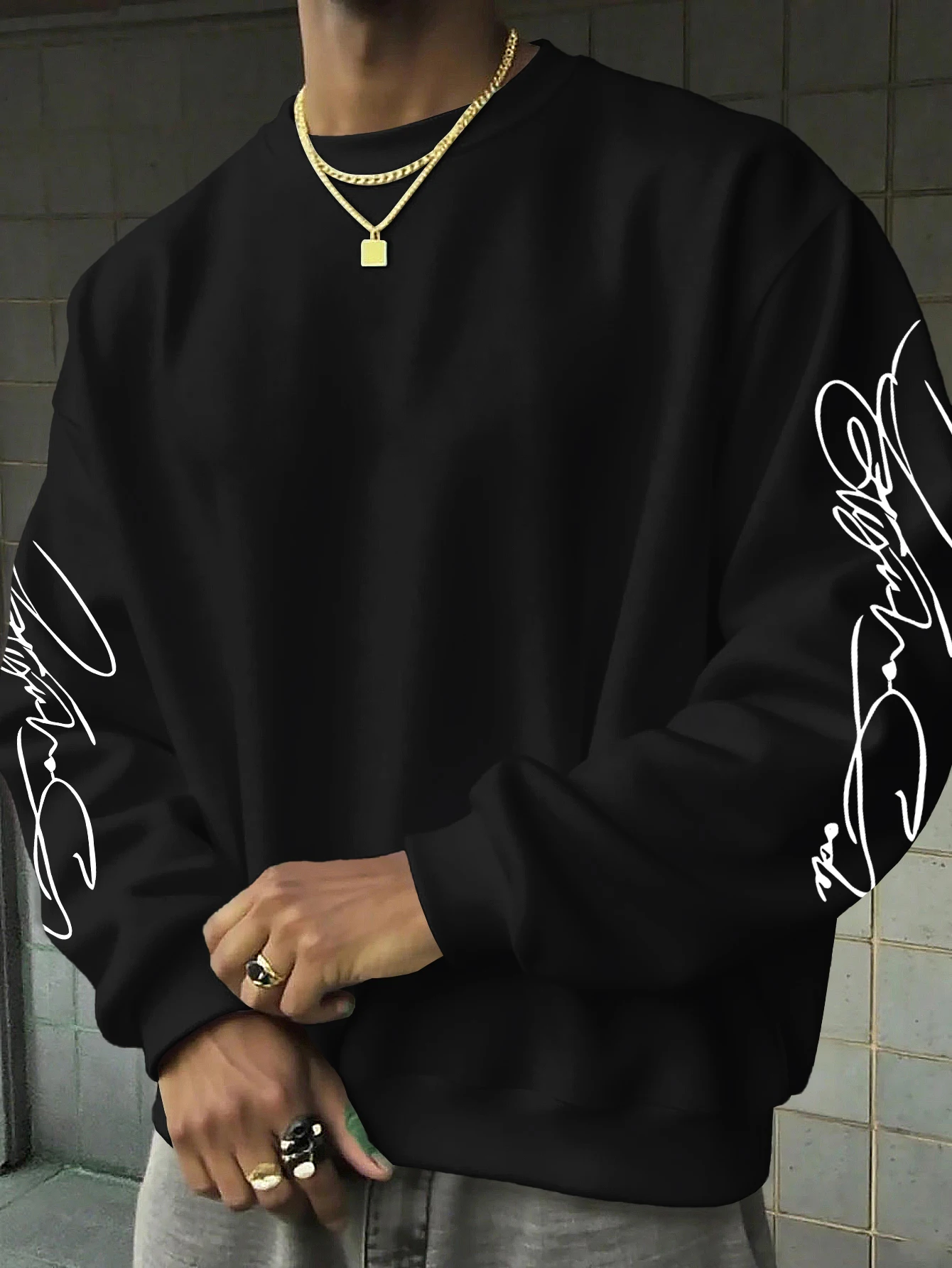 Men Drop Shoulder Oversized Sweatshirt, Abstract Cursive Script Print On Back, Hip Hop Pullover