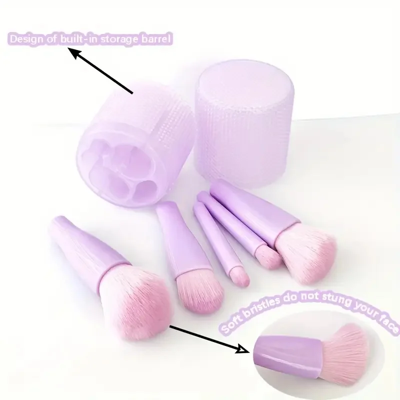 5pcs Mini Makeup Brush Set with Storage Bucket Women Travel Nylon Bristles Makeup Brushes for Powder Blush Lipstick & Concealer