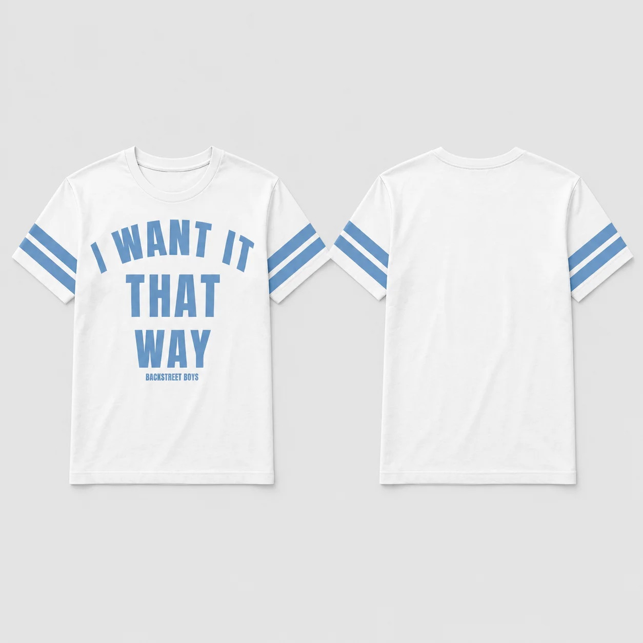 Backstreet Boys I Want It That Way T-Shirt, Y2K American Football-Stil Kurzarm-T-Shirt, Blaue Streifen am Ärmel, Buchstabendruck, Casual – Detail 2