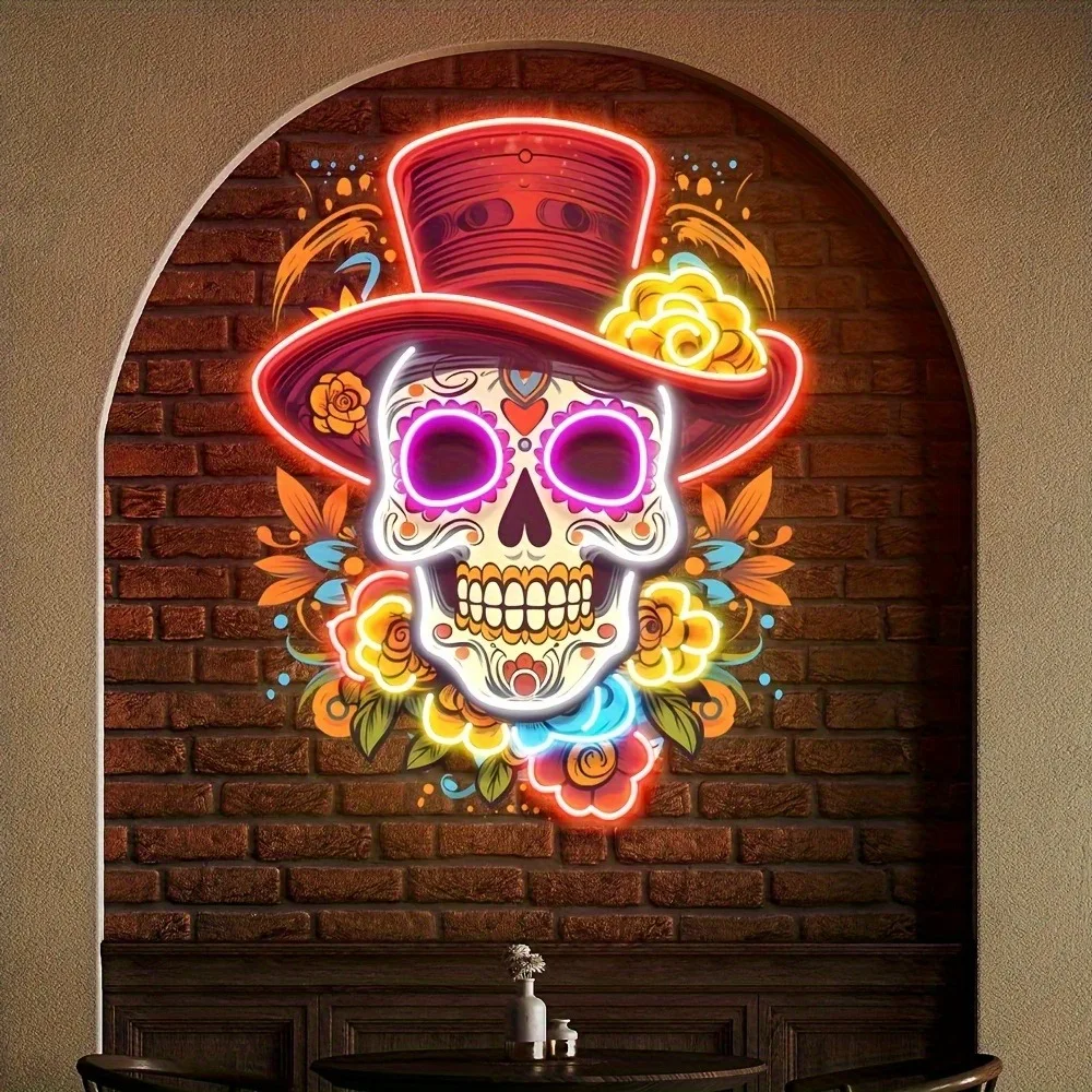 UV Printed Top Hat Rose Vibrant Skull Neon Mexican Dining Room Decor Wall Art USB Powered for Bedroom Living Room Wall Decor