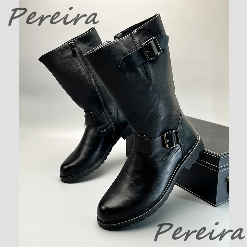 النمط البريطاني حزام مشبك فارس أحذية للرجال جلد أسود الارتفاع زيادة أحذية طويلة جولة تو الجانب سستة دراجة نارية الأحذية