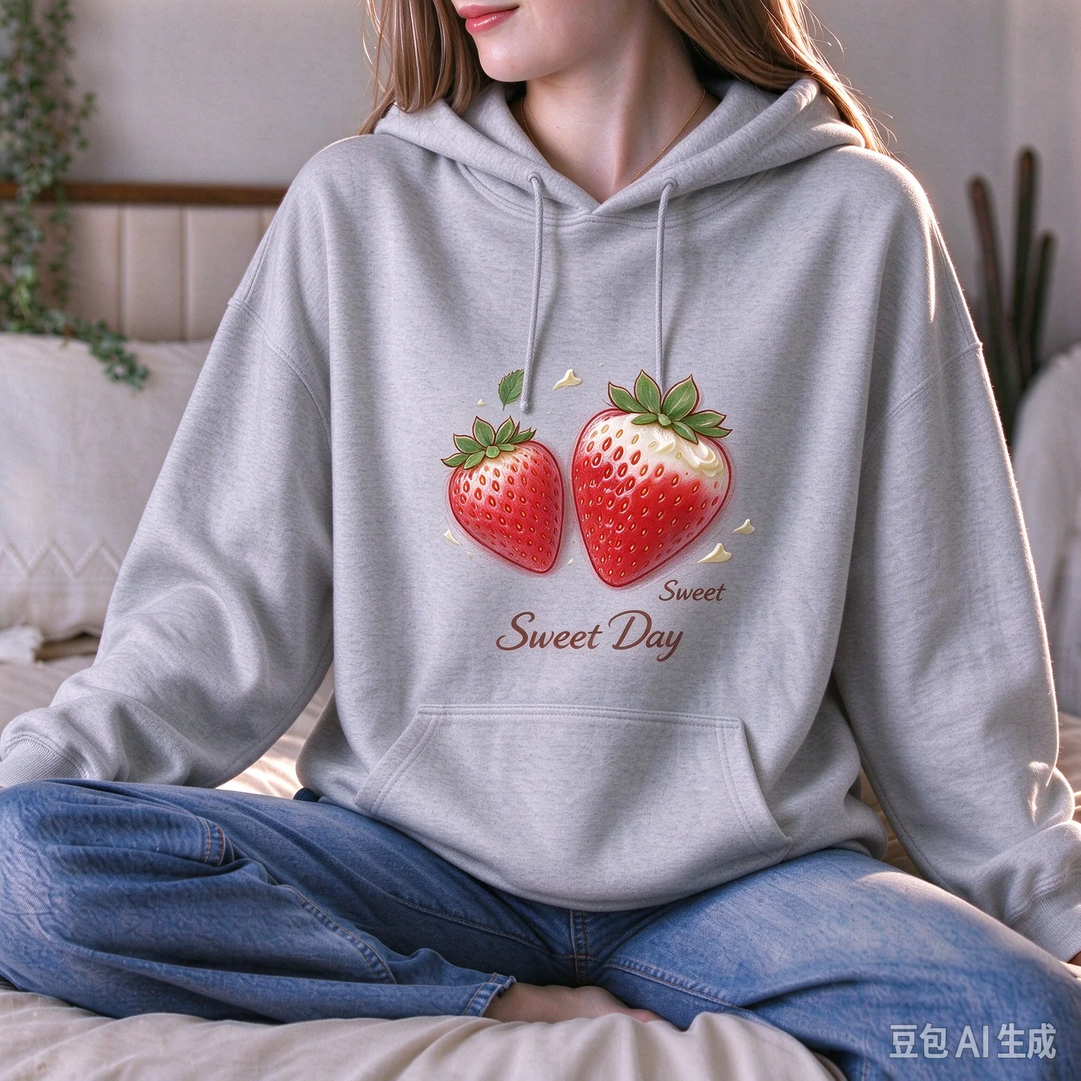 Sweet Day Two Strawberries Graphic Hoodie for Women, Cute Fruit Print Oversized Hooded Sweatshirt, Casual Cozy Pullover Hoodie