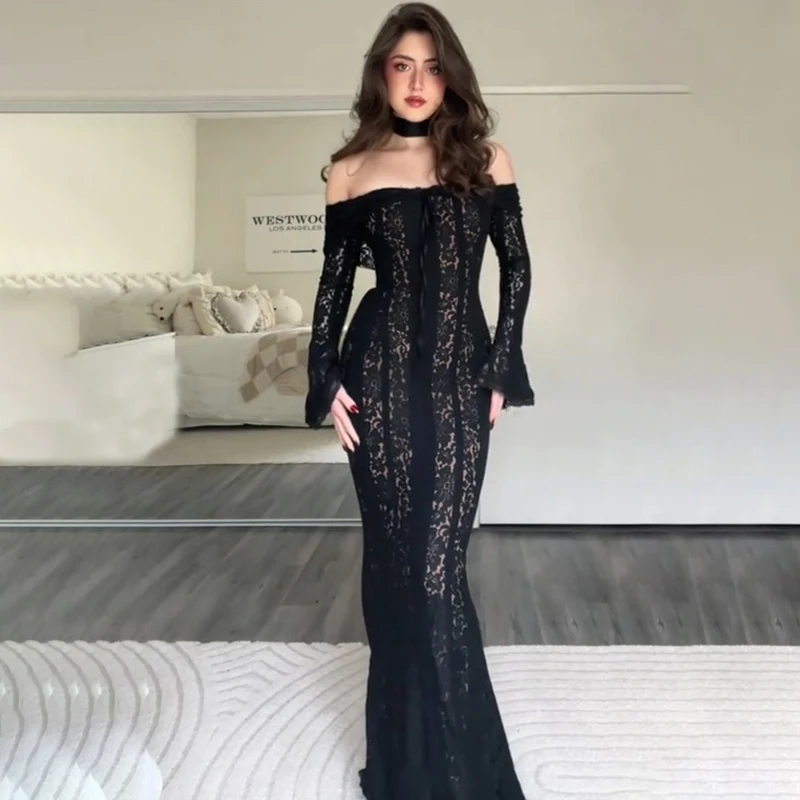 

Ticketsx Flared Long Sleeve Maxi Dress Women's Lace Up Hollow Out Lace Off Shoulder Bodycon 2025 Lady Elegant Luxury Slim Dress