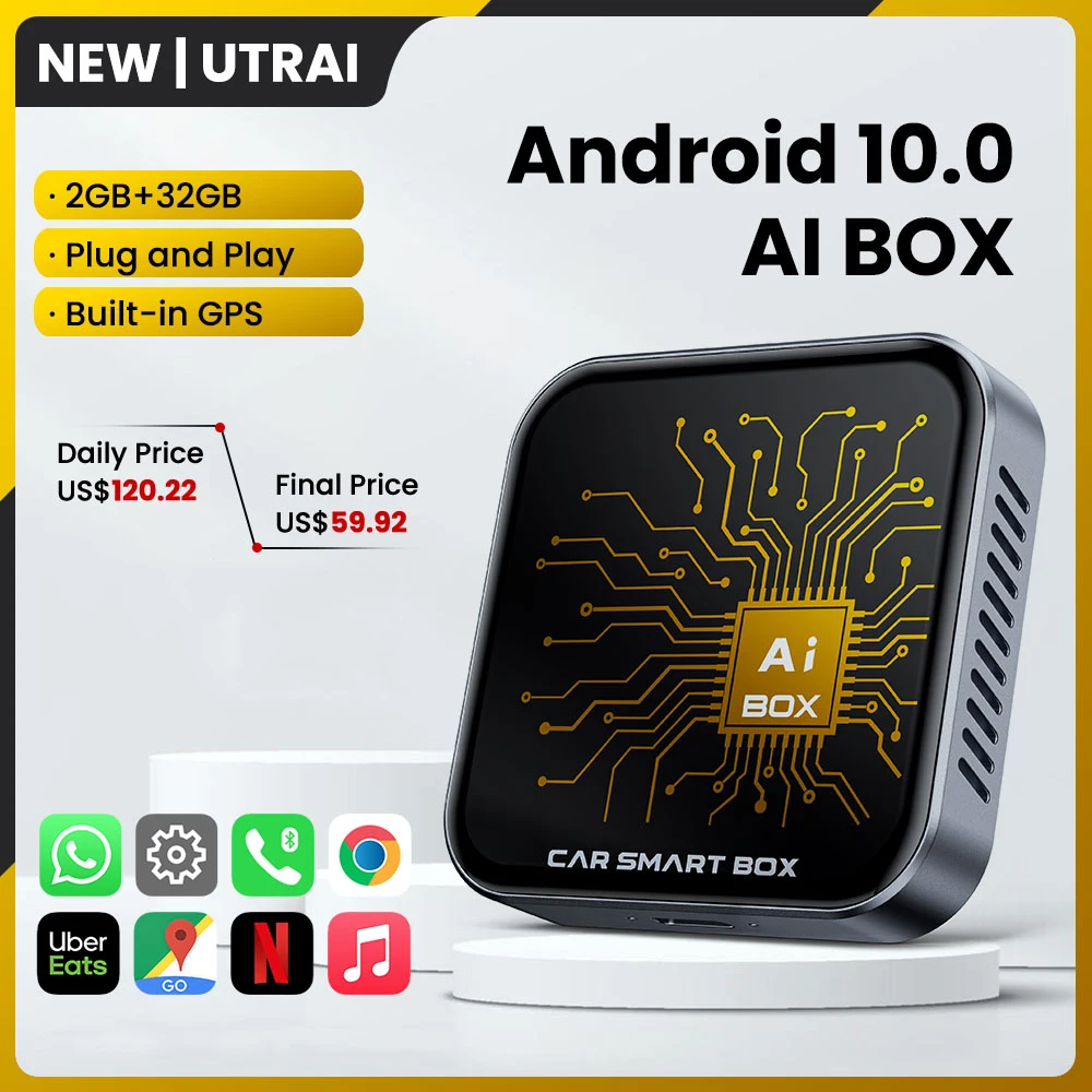 UTRAI Android 10 Carplay AI Box Wireless Carplay Adapter Android Auto Built in GPS Support 5G WiFi & Bluetooth 5.0 For Netflix