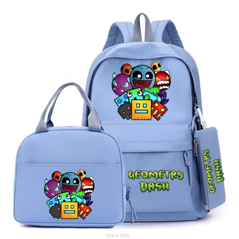 New Geometry Dash Backpack 3Pcs Set Funny Cartoon Game School Bags Girls Boys Primary School Bookbag With Lunch Bag Pen Bag Gift