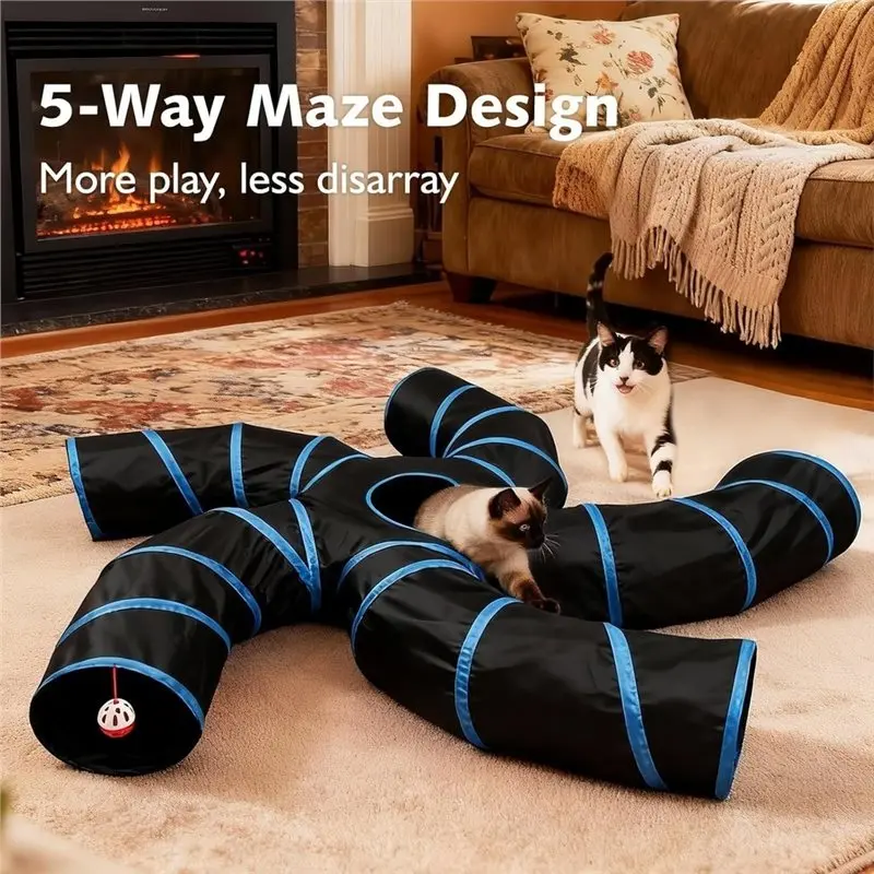 AB66-Bell Ball& Mouse Compatible 5-Way Cat Tunnel, Tube With Hole For Multi-Cat Households, Chase& Hide Functionality