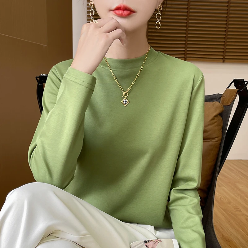 Spring and Autumn 100% Cotton Half-high Neck Long Sleeve Bottom Shirt Women's Combed Cotton Middle Neck Loose Shoulder T-shirt