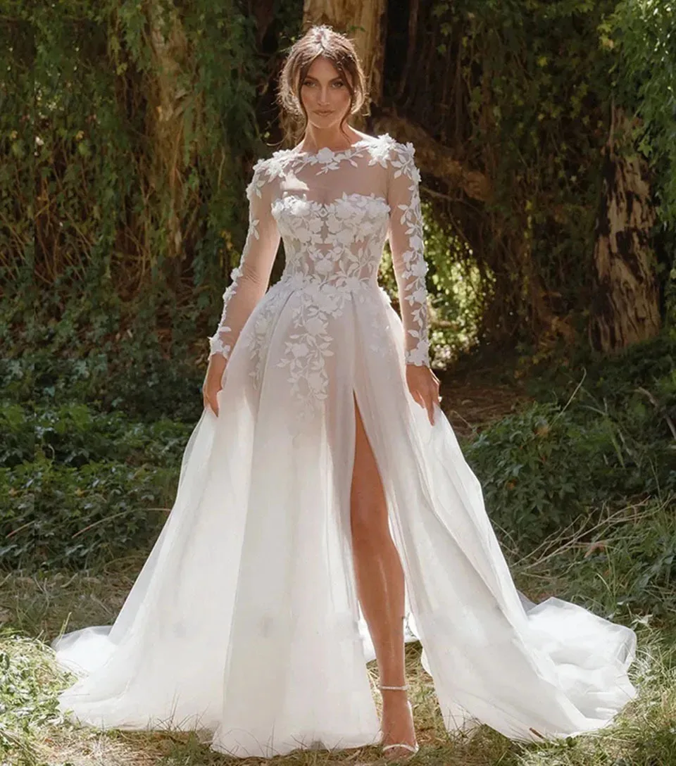 

Wedding Dresses Bridal Gowns A Line Formal O-Neck Long Sleeve Applique Tulle Beaded White Ivory Custom Zipper Lace Up Plus Size