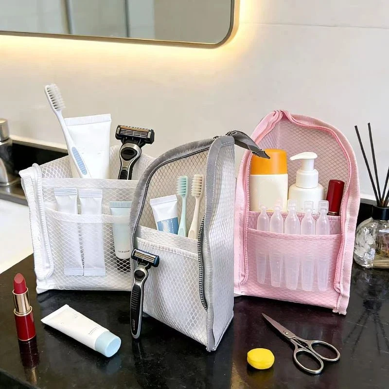 Large Capacity Cosmetic Bag Waterproof Space Saving Travel Foldable Toothbrush Toiletry Pouch Zipper Closure Vertical Standing