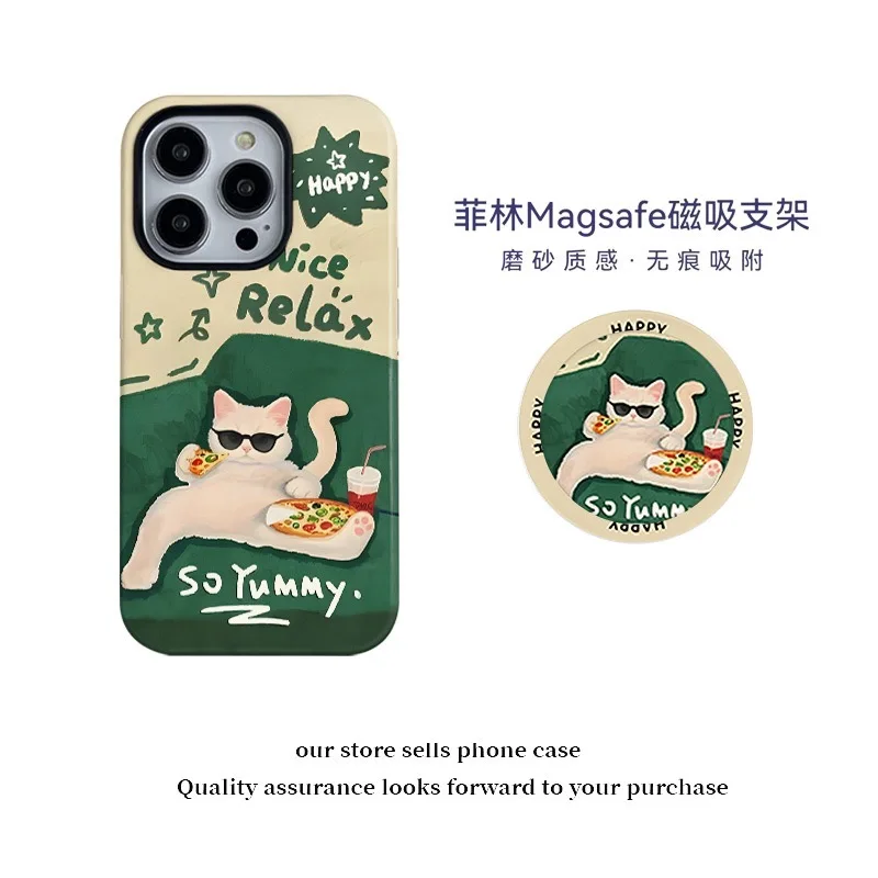 

Ins Green Lying Flat Cat Cartoon Case for IPHONE 16 ProMax 15 14 13 12 MINI 11 PRO Acrylic TPU Two in One Magnetic Phone Cases