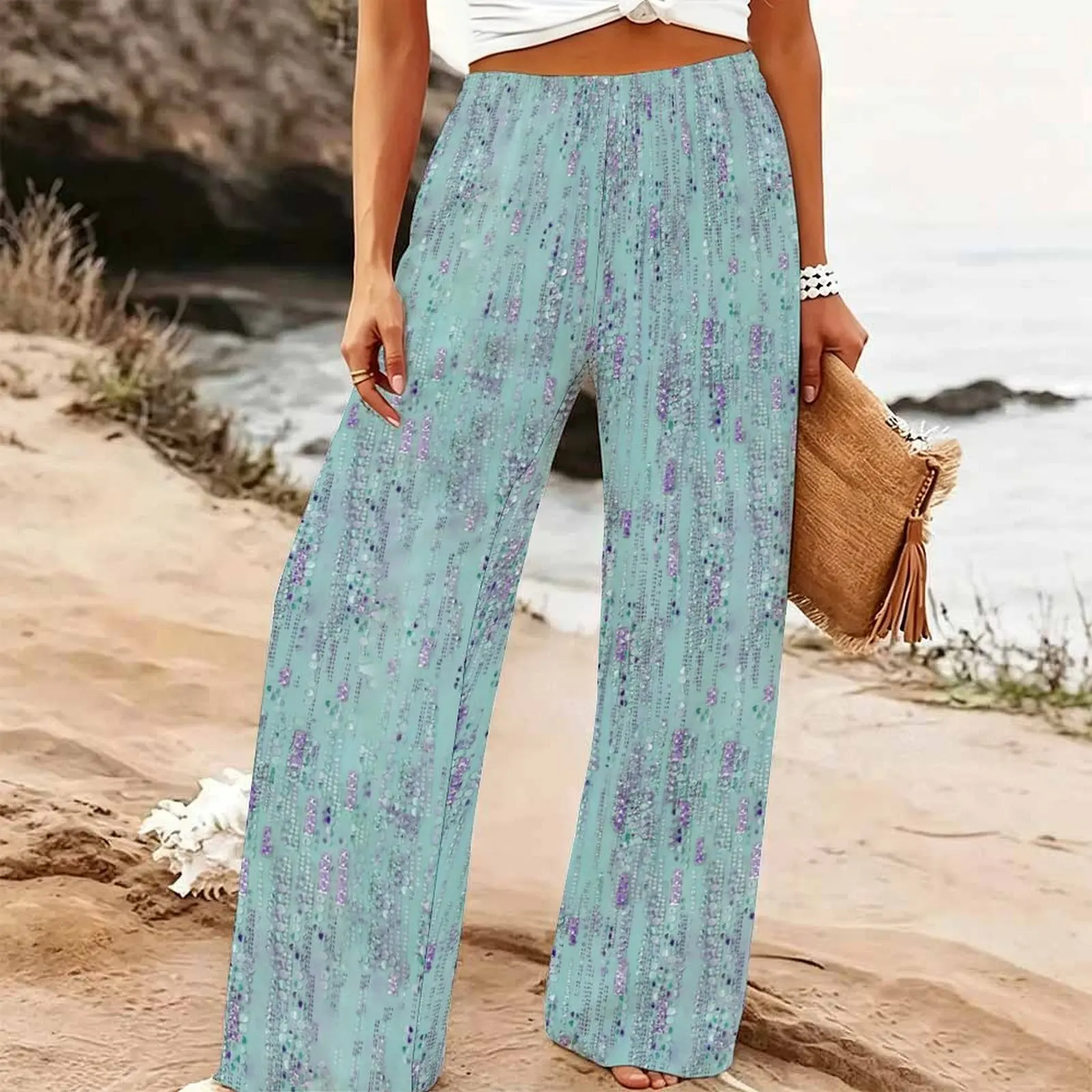 Women's Summer Beach Wide Leg Trousers Floral Print Elastic High Waist Loose Fit Casual Vacation Palazzo Pants