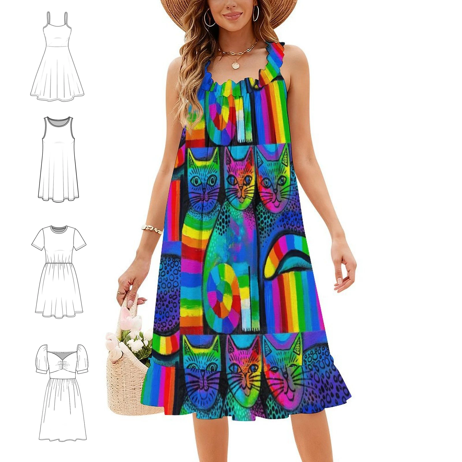 Rainbow Cats Bohemian Sleeveless Dress For Women Print Beach Party Dresses Cats Rainbow Colourful Vibrant Cute Woman Clothes