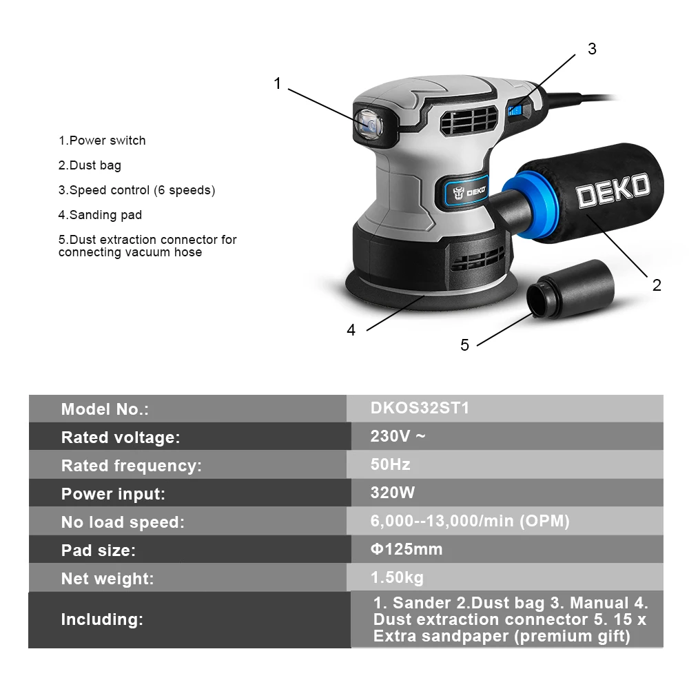 DEKO 280W/320W/350W Zufällige Umlaufbahn Elektrische Sander mit 125mm 8 Löcher Schleifpapier und variable Geschwindigkeit Sander Power Tools