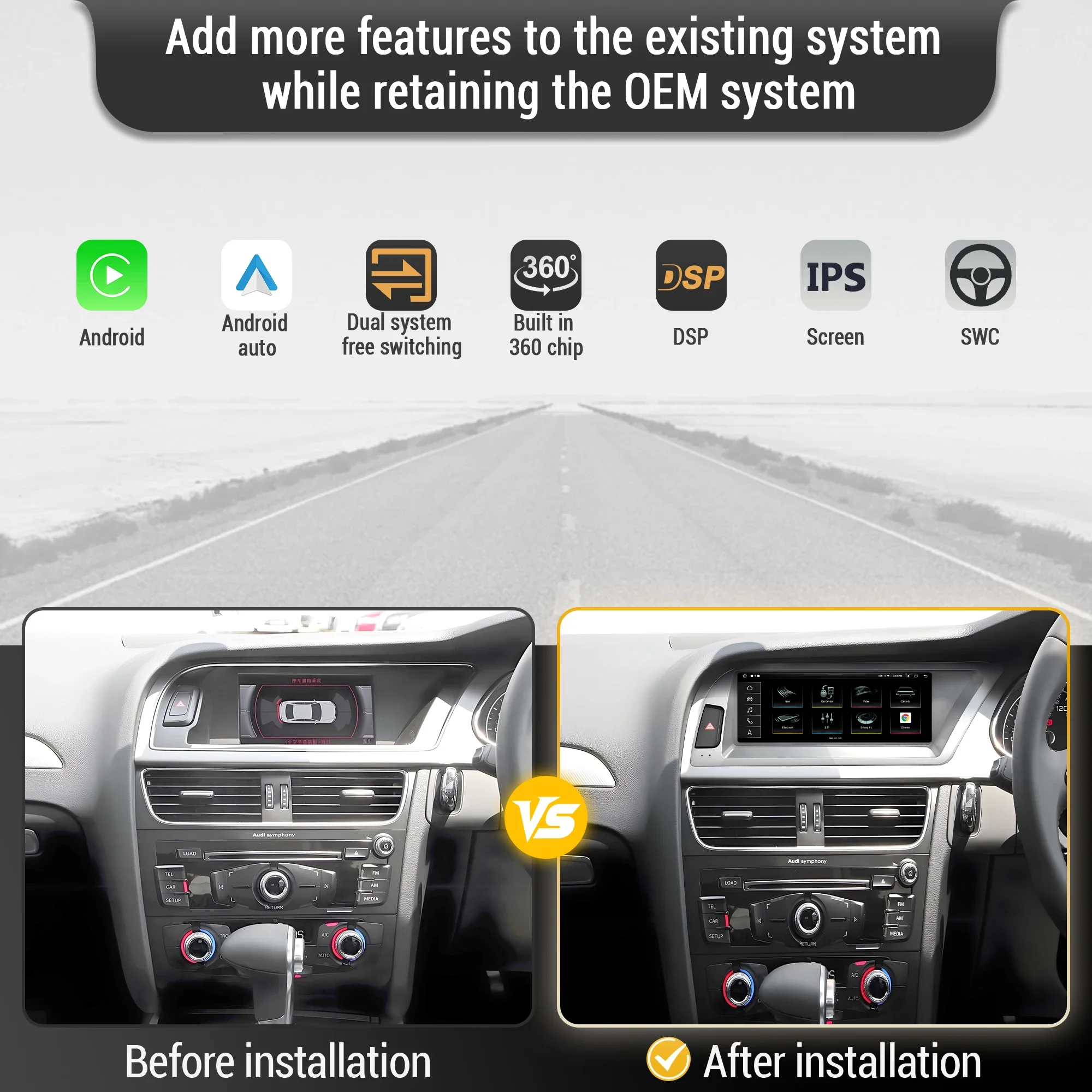 8.8 inch Right Hand Drive Android 14 For Audi A4 2009-2012 Car Radio Wireless Carplay Head Unit Qualcomm Snapdragon 680 Screen