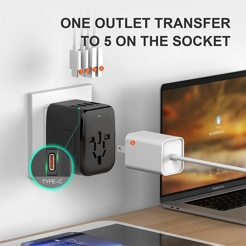 Universal Travel Adapter All-in-one Travel Charger with 2 USB Ports and 2 Type C Wall Charger for US EU UK AUS Travel Worldwide